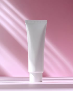 Mockup of cosmetic white tube cream 50ml on stone stand on pink background minimalist. Natural hard lighting and shadows nice photo