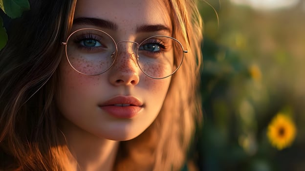 A woman with glasses and a blue eye shadow photo