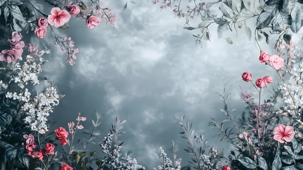 A beautiful flowery scene with a blue sky background photo