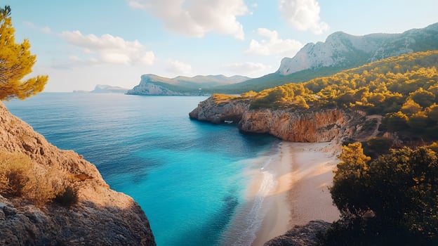 A beautiful beach with a blue ocean and a rocky cliff photo