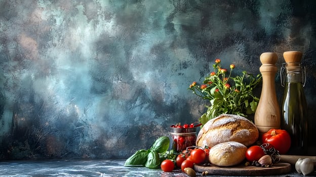 A table with bread, tomatoes, and basil photo