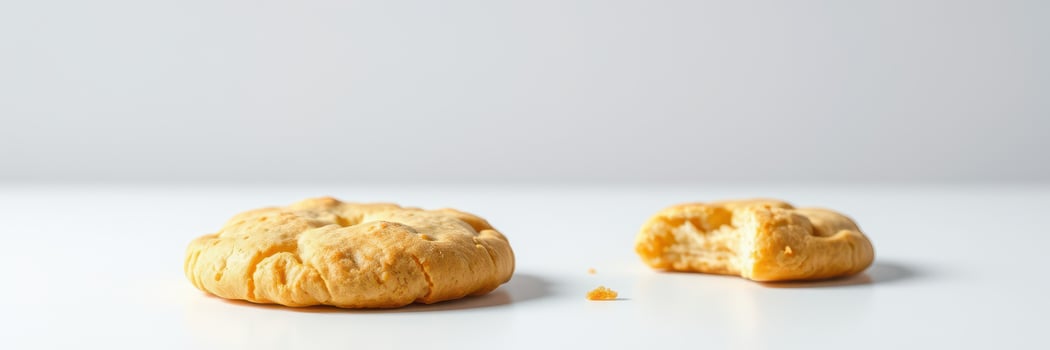 Delicious fresh-baked cookie on a white surface with a piece missing, showcasing its soft texture and golden color photo
