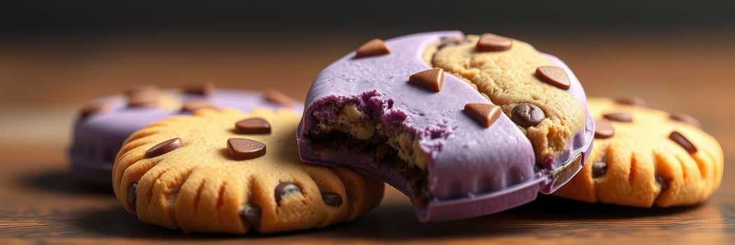 Cookies with chocolate chips and vibrant purple filling create a delightful and unique dessert experience for any sweet tooth photo