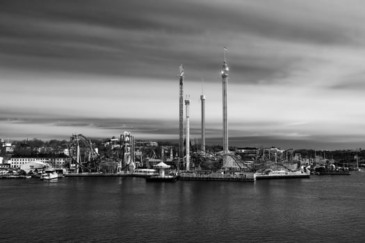 Black and white view on the amusement park Grona Lund in Stockholm, Sweden photo