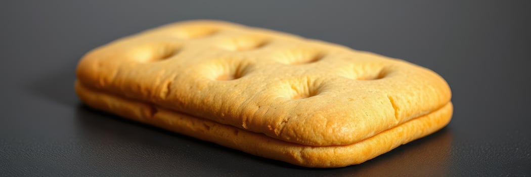 Unique baked snack resembling a rectangle with holes on top, perfect for casual enjoyment or as a companion to various toppings photo