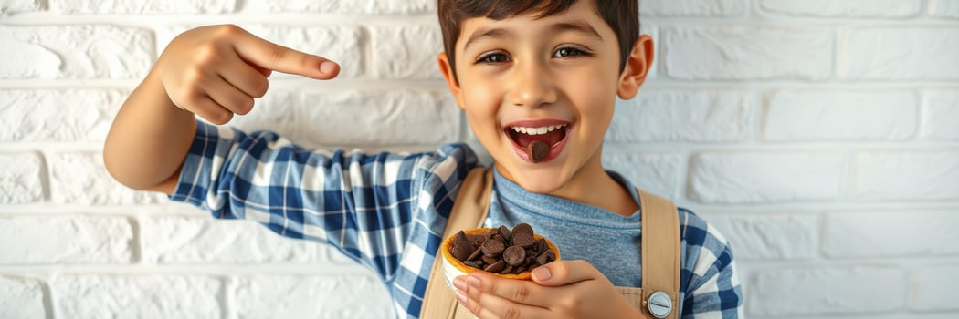Joyful child enjoying chocolate treats while pointing at a dessert in a kitchen setting with a bright background photo