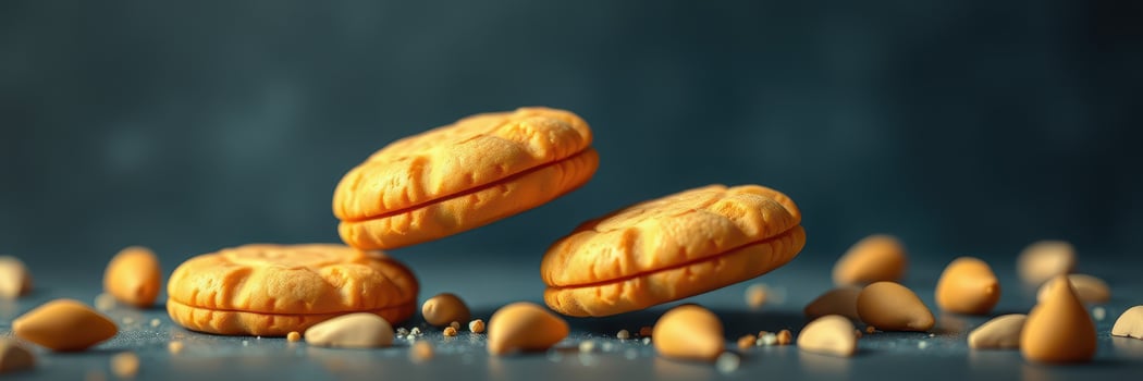 Delicious cookies with nuts scattered on a dark surface in a cozy kitchen setting photo