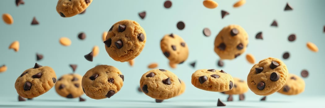Falling chocolate chip cookies create a playful and enticing dessert display in a kitchen setting photo