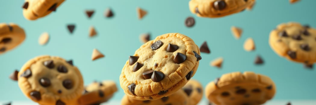 Floating chocolate chip cookies create a whimsical culinary atmosphere in a bright setting photo