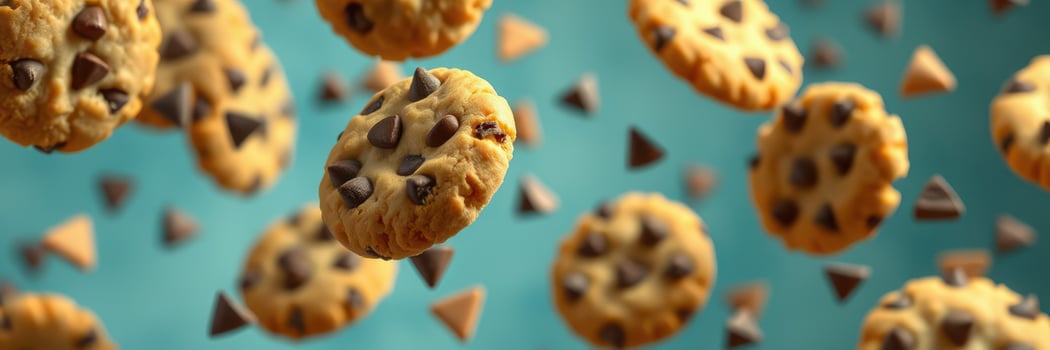 Delicious chocolate chip cookies floating against a bright blue background in a whimsical display of sweets photo