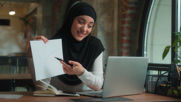 Muslim Arabian islamic girl in hijab smiling woman female businesswoman saleswoman laptop call online confrence pointing on paper document discuss report sales graph business presentation office photo