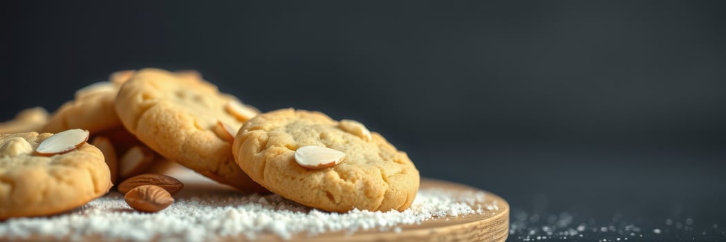 Delicious almond cookies served on a wooden platter with powdered sugar and almonds in a cozy kitchen setting photo