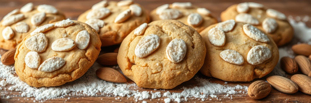 Delicious almond cookies arranged on a wooden surface with a touch of flour in a cozy kitchen setting photo