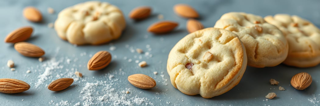 Delicious almond cookies arranged on a blue surface with scattered almonds and sugar photo