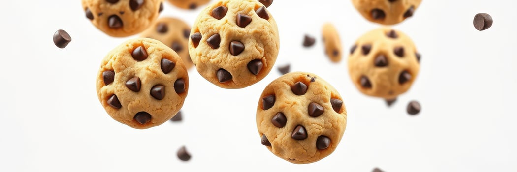 Chocolate chip cookies suspended in mid-air creating a playful and whimsical dessert display photo