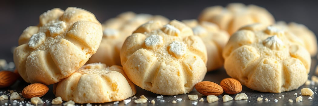 Delicious almond cookies arranged beautifully on a dark surface with ingredients in the background photo