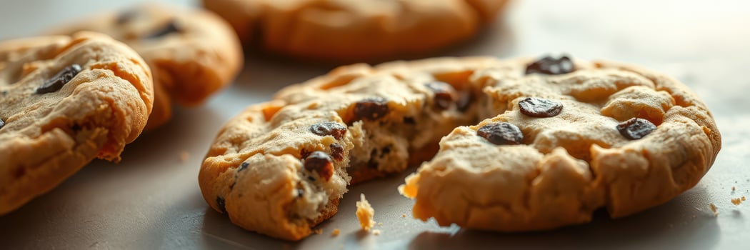 Soft chocolate chip cookies arranged on a tray with one cookie broken in half revealing a gooey center photo