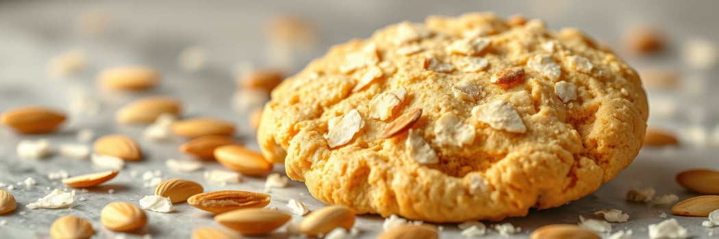 Freshly baked oatmeal cookie served with almonds on a gray surface photo