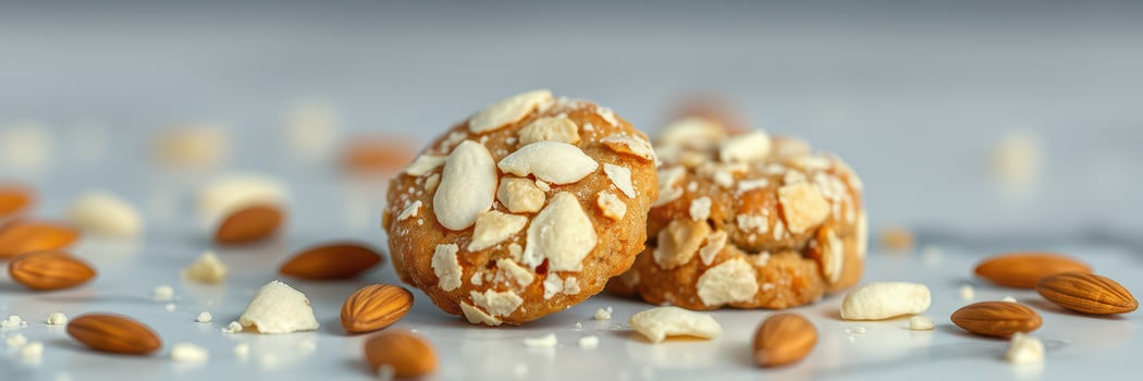 Homemade oatmeal cookies with almonds on a marble countertop surrounded by scattered nuts photo