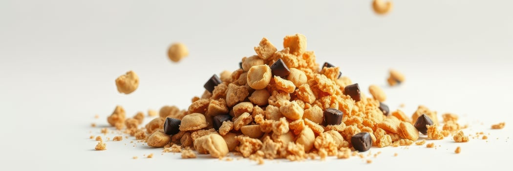 Crunchy snack mix with chocolate and nut pieces scattered on a light surface at a minimalistic kitchen setting photo