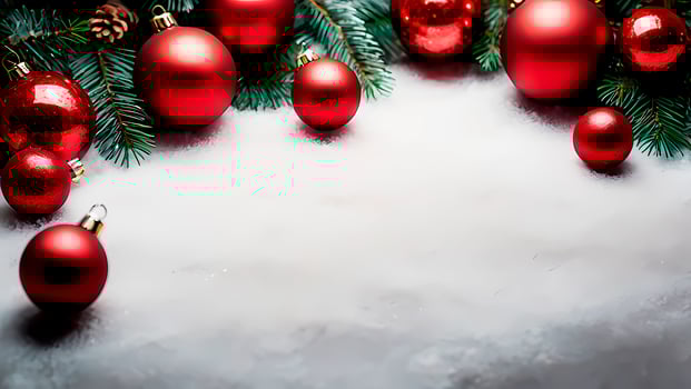 Christmas background with red baubles and fir tree branches on snow photo