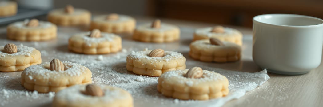 Cookies with almonds are prepared on a kitchen countertop with powdered sugar dusting in the afternoon light photo