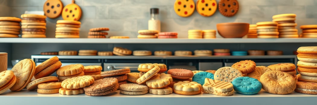 Assorted cookies displayed on a kitchen countertop with wooden decor and colorful treats in a cozy setting photo