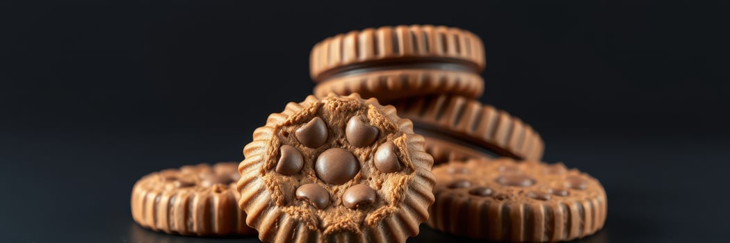 Delicious chocolate cookies stacked on a dark background inviting indulgence and warmth photo