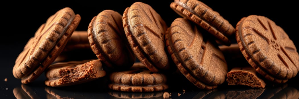 Delicious chocolate cookies stacked and scattered on a dark reflective surface ready for enjoyment photo