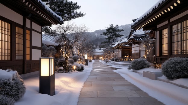 Winter serenity - breathtaking scene of snowy cottages nestled in mountain village, surrounded by pristine white landscapes, tranquil beauty and charm of a peaceful winter retreat. photo