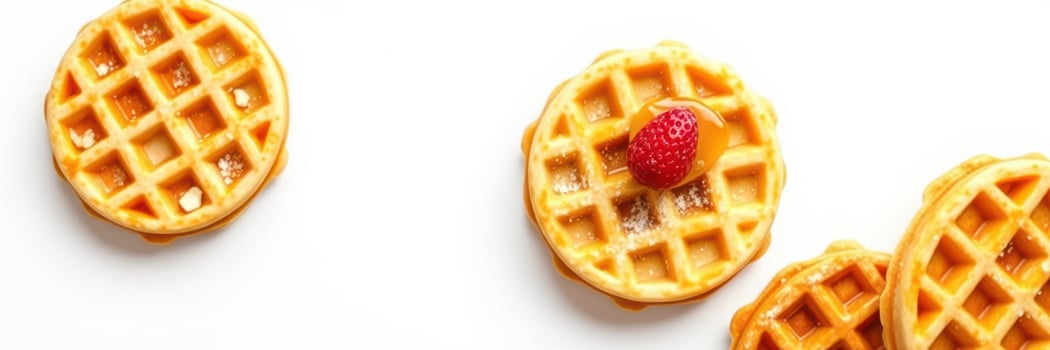 Delicious mini waffles topped with fresh strawberries and syrup served on a clean white background photo