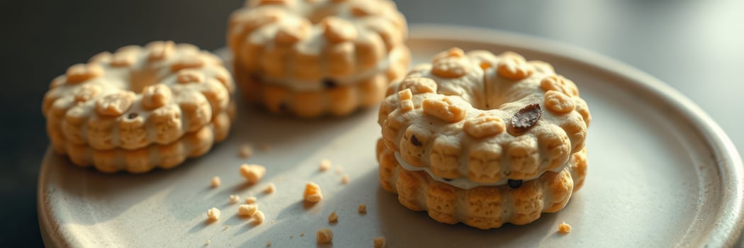Crunchy dessert treats arranged on a beige plate in a cozy kitchen setting during the afternoon photo