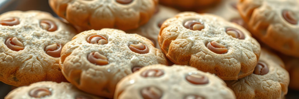 Freshly baked cookies arranged on a tray with powdered sugar and chocolate chips at a cozy kitchen setting photo