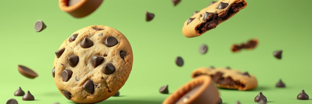 Chocolate chip cookies suspended in mid-air with chocolate chips scattered on a green background photo