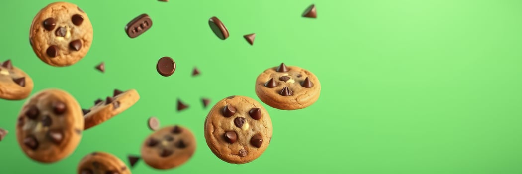 Delicious chocolate chip cookies and chocolate pieces falling against a bright green backdrop photo