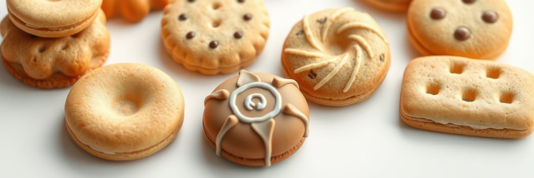 Variety of freshly baked cookies arranged neatly on a white surface showcasing unique shapes and textures photo
