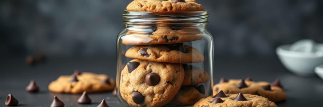 Freshly baked chocolate chip cookies in a glass jar with scattered cookies and chocolate chips photo