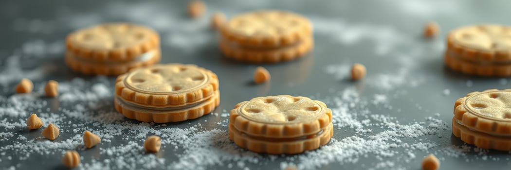Homemade cookies arranged beautifully on a textured surface with sugar sprinkles in the background photo