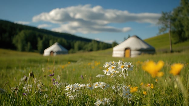 Mongolian yurt - traditional dwelling, vast landscape, scenic beauty, rural charm, cultural heritage, expansive outdoors, tranquil environment, peaceful retreat, serene horizon, rustic appeal. photo