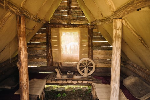 Interior in an old small wooden hut photo