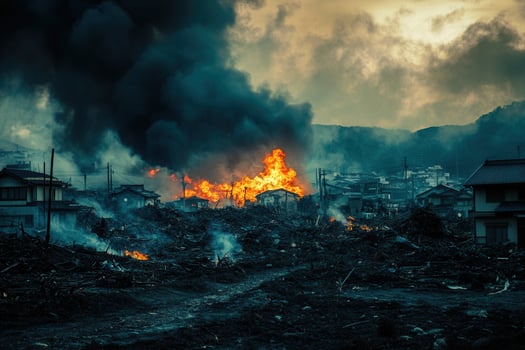 Devastation Houses burning amidst dark smoke and rubble after a natural disaster. photo