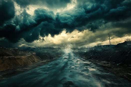 Dark stormy clouds over a desolate road. photo