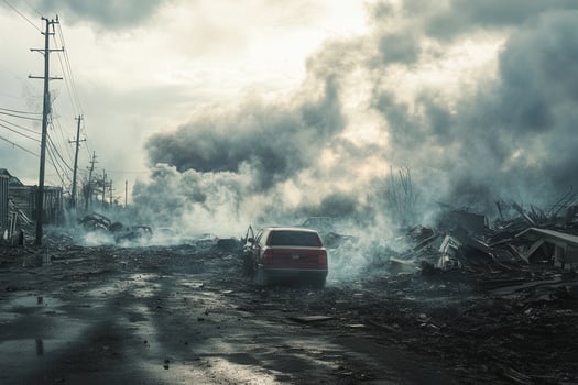 Desolate street scene after a catastrophic event, showing a car amidst rubble and smoke. photo