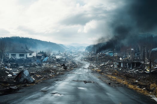 Desolate road through a disaster-stricken town, showing destruction and smoke. photo