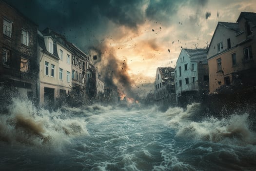 Devastated town street submerged by floodwaters, amidst storm and fire. photo