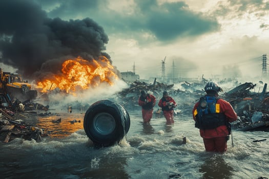 Firemen in red uniforms standing in water with a burning tire photo