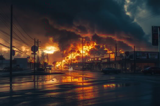 Fiery urban inferno at night, reflecting on wet street. photo