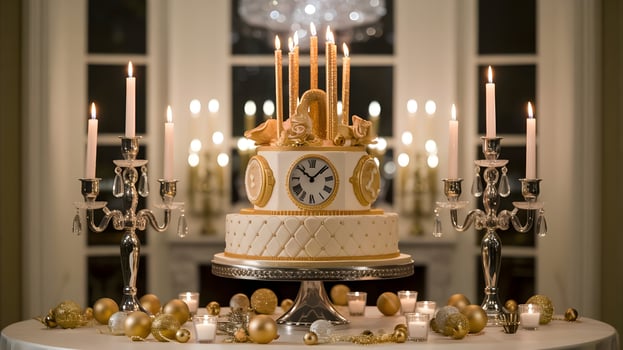 A wedding cake with gold and white decorations photo