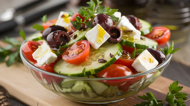 A bowl of salad with tomatoes, cucumbers, olives and feta cheese photo