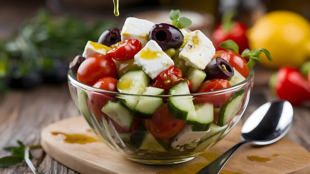 A bowl of salad with tomatoes, cucumbers, and feta cheese photo